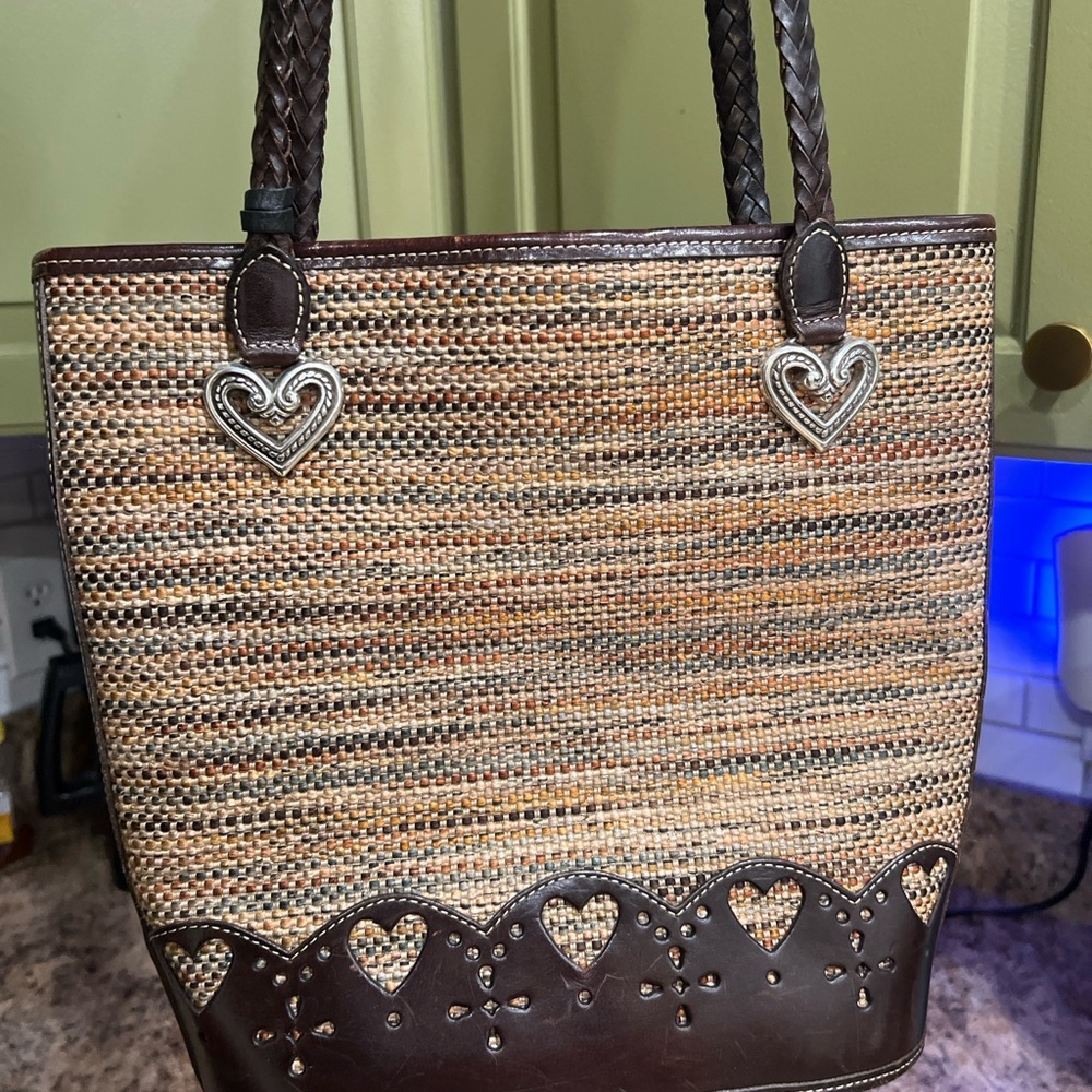 Brighton Straw & Leather Tote Bag with Heart Charms – Authentic